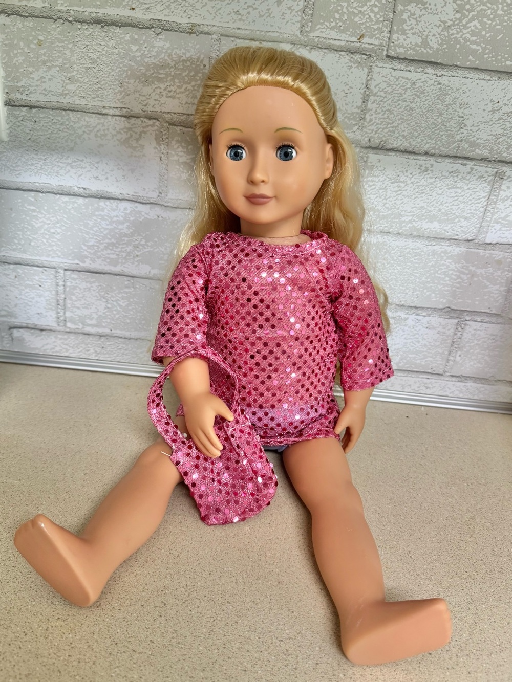 Our Generation Blonde Doll 18” Blue Eyes w/ Pink Sequin Outfit & Purse Pre-Love